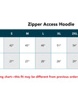 Zipper access hoodie size chart with chest circumference and shirt length measurements.