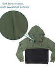 Flat image of hoodie with closeup of fabric with text saying "Soft terry interior, smooth sweatshirt exterior".