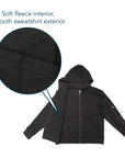Flat image of hoodie with closeup of fabric with text saying "Soft fleece interior, smooth sweatshirt exterior".