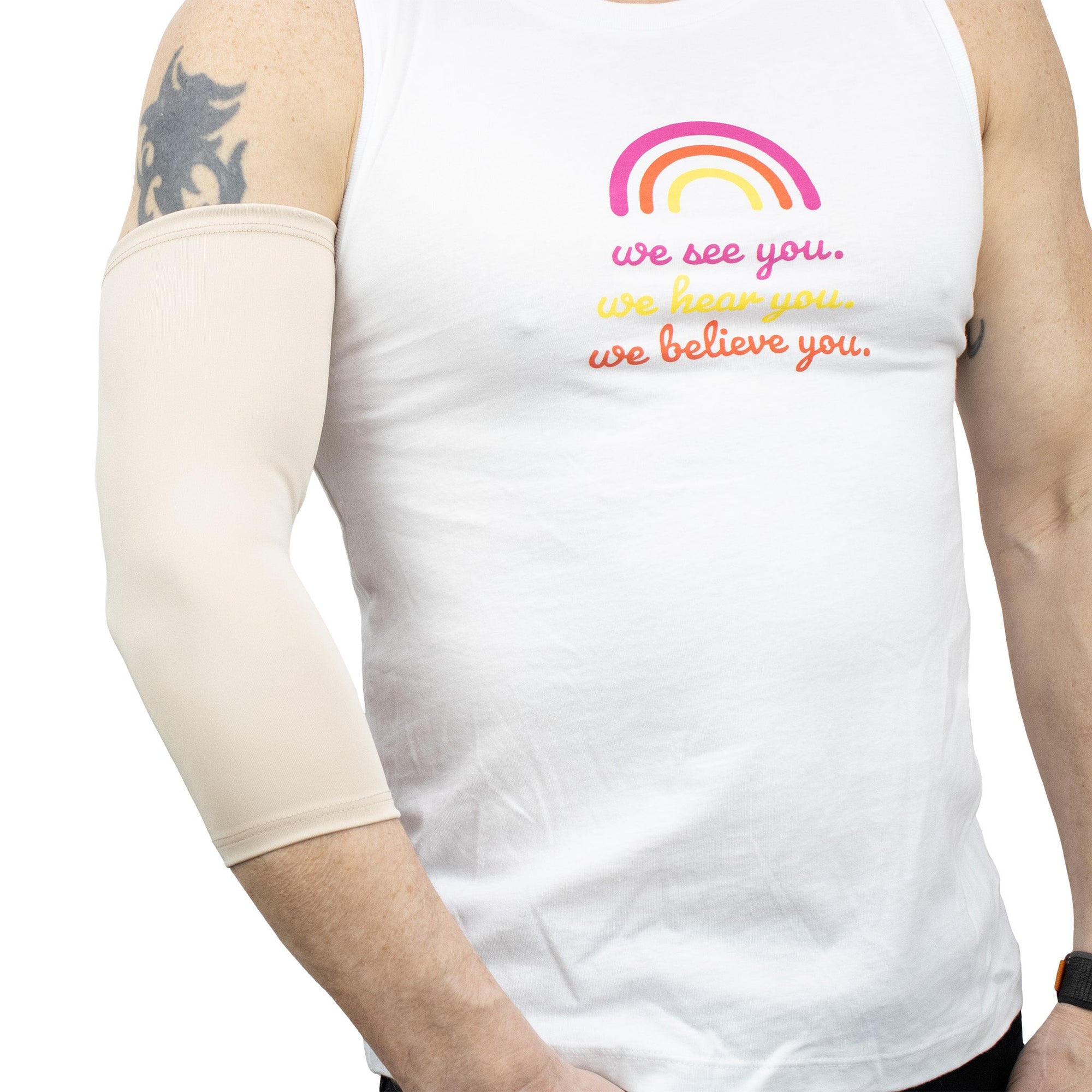 Beige Ultra Support Sleeve shown on male model