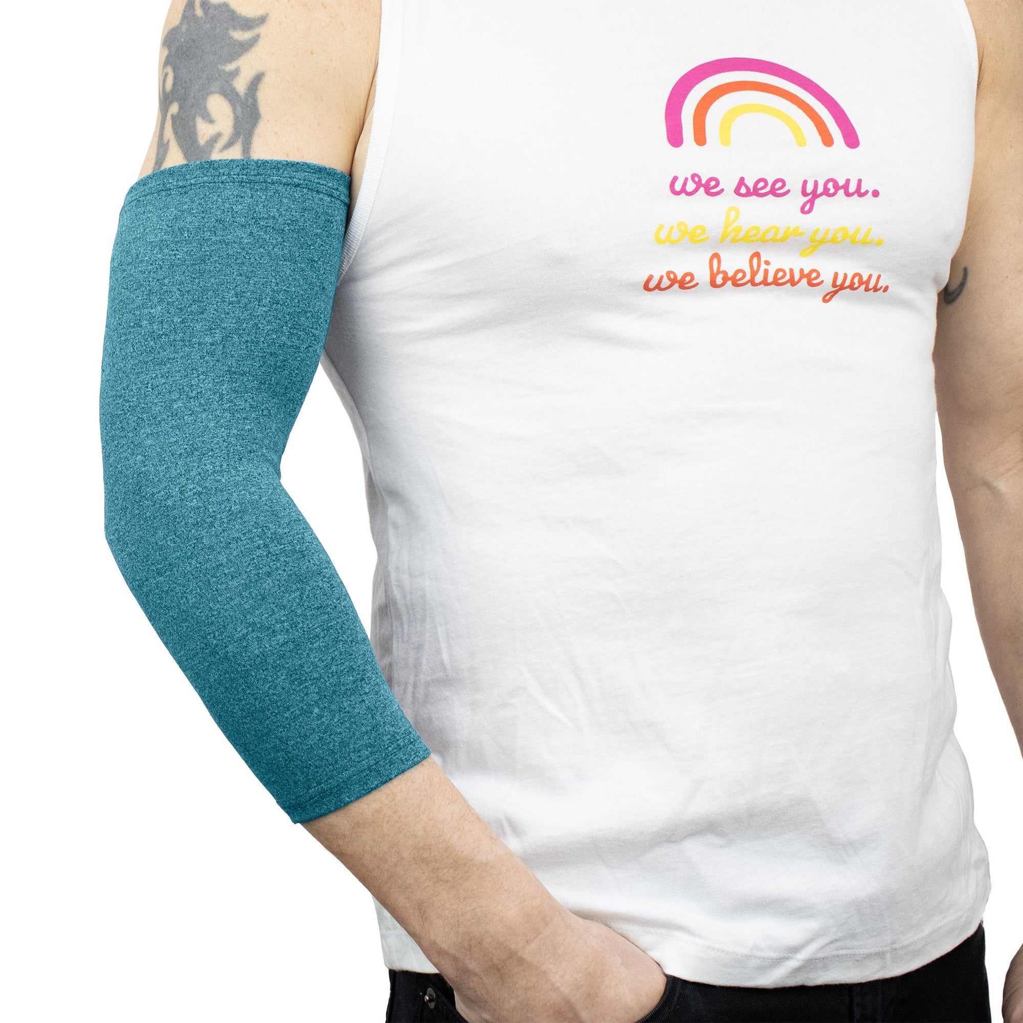 Male model wearing Teal Ultra Support Sleeve on arm