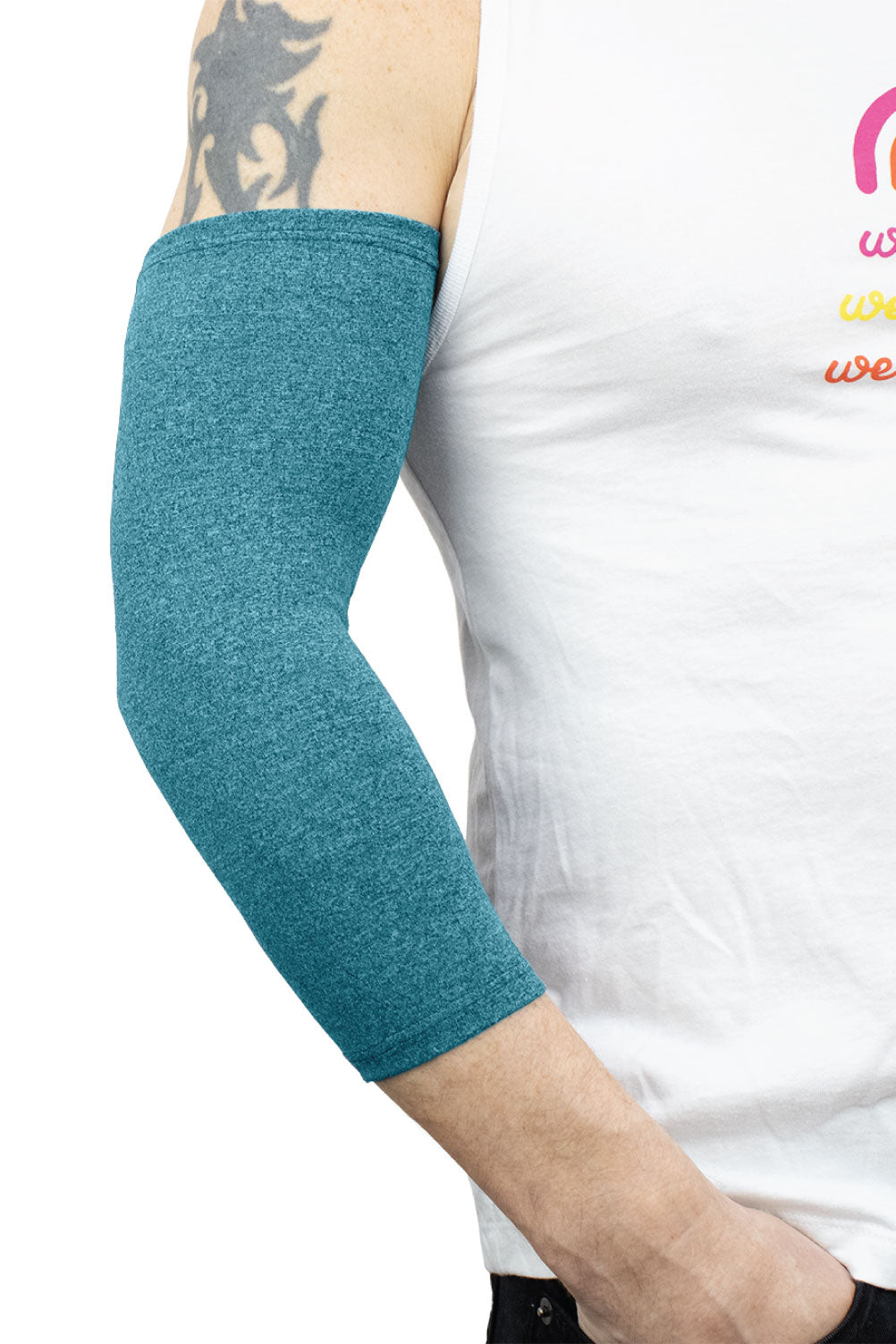 Male model wearing Teal Ultra Support Sleeve on arm