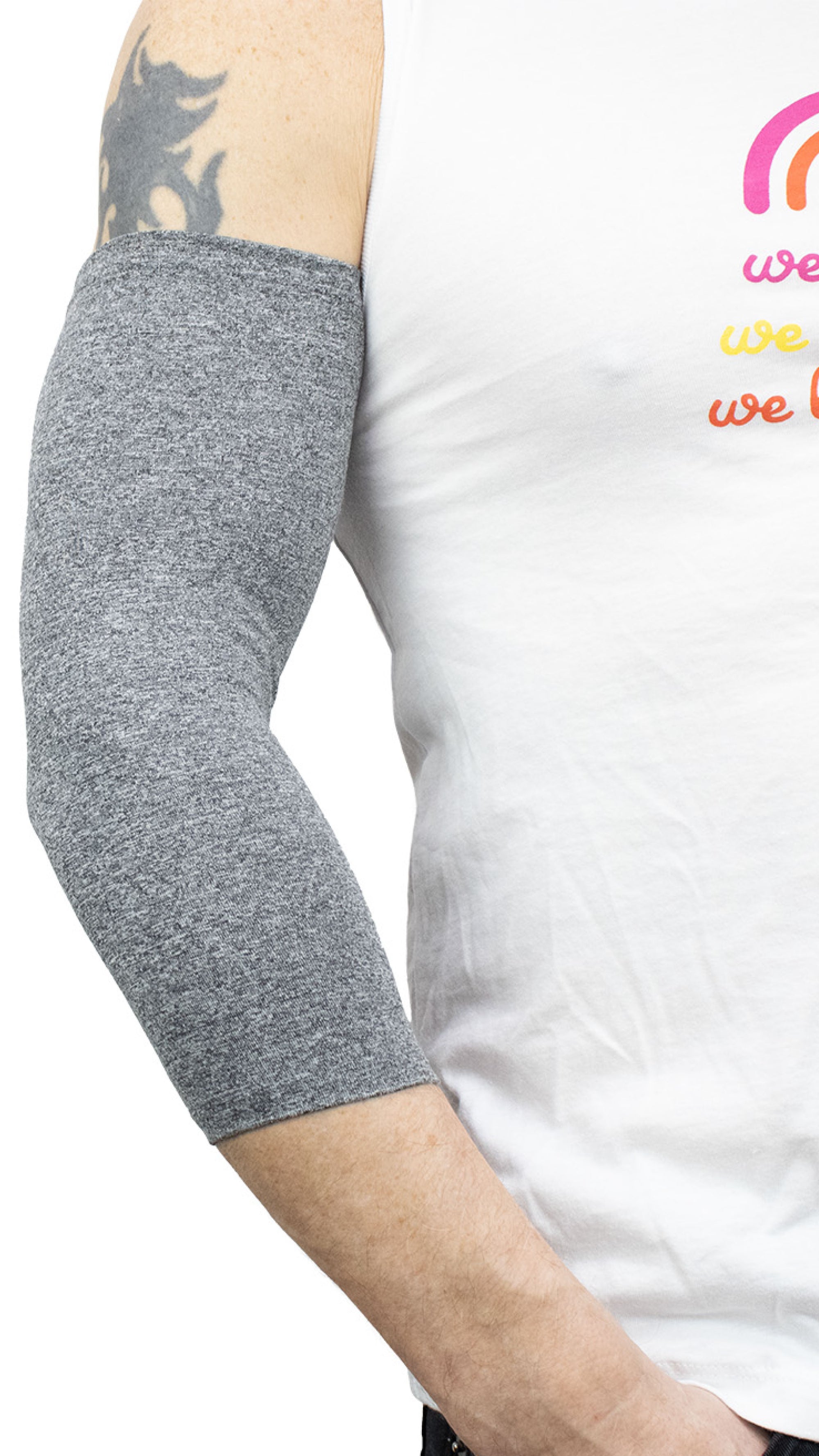 Male model wearing gray Ultra Support Sleeve on arm
