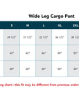Wide Leg Cargo Pant Size Chart showing Waist Circumference, Hip Circumference, and Inseam measurements