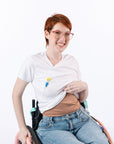 Female model in wheelchair wearing Tan Stretch Waistband