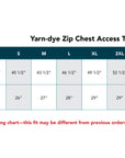 Sizing chart for Yarn-dye Zip Chest Access Tee with chest circumference and shirt length measurements.