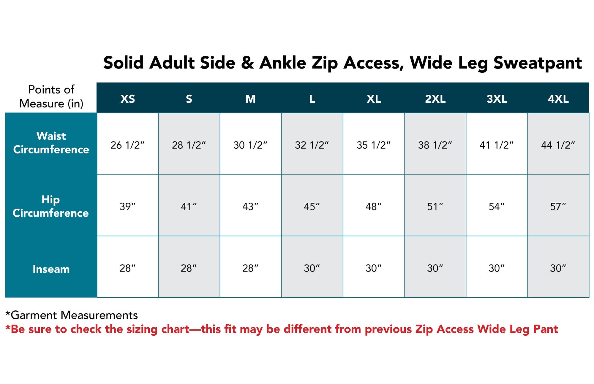 Size Chart for Solid Adult Side and Ankle Zip Access, Wide Leg Sweatpant