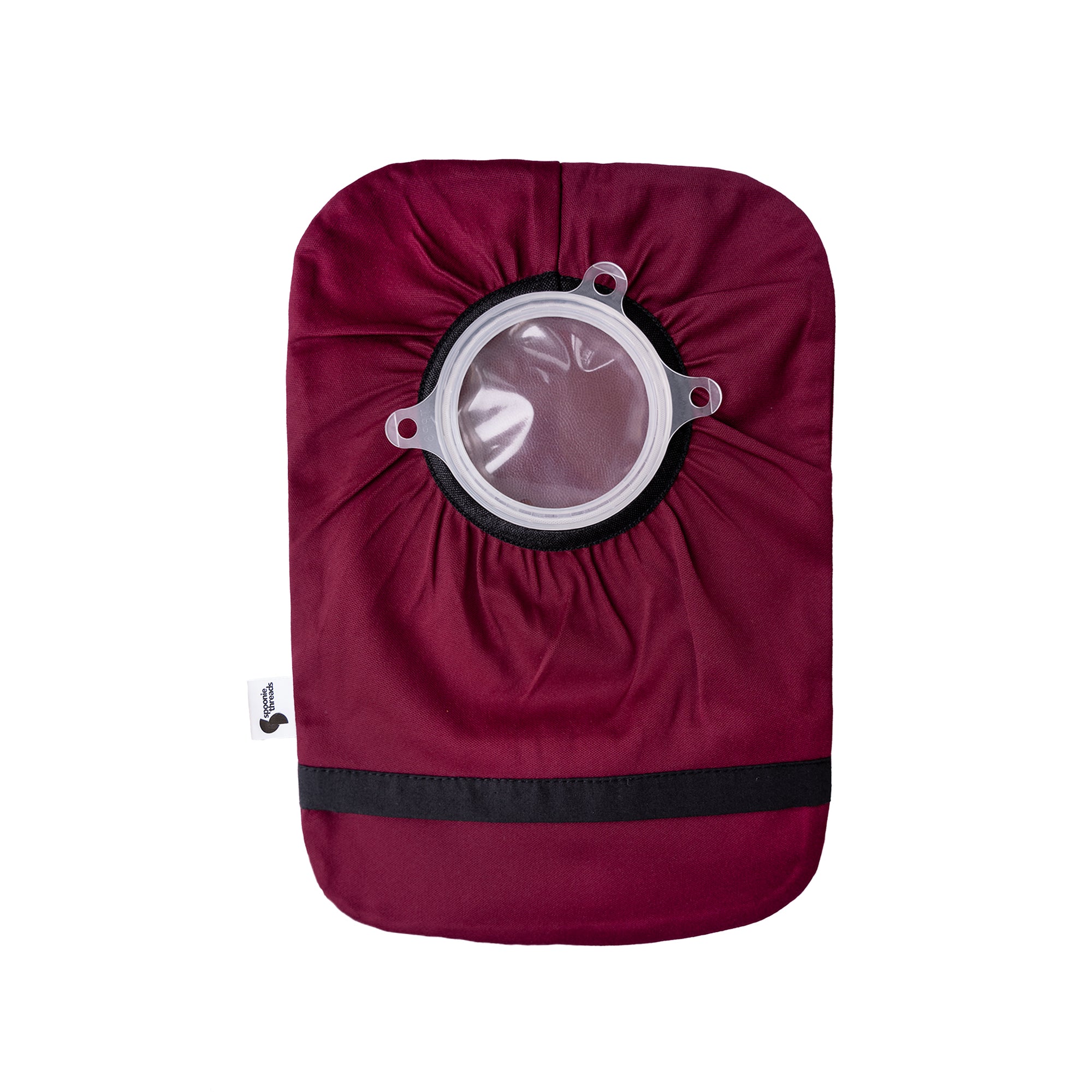 Flat of Burgundy elastic ostomy bag cover with pouch