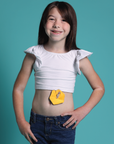 Girl wearing gold g-tube pad