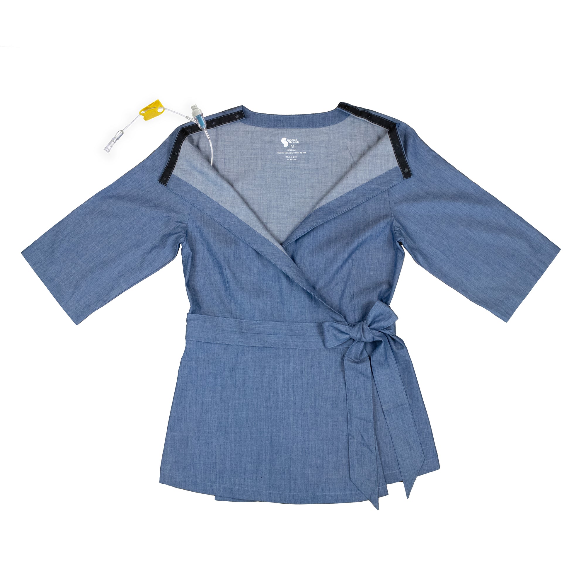 Adult Chest Access Chambray Wrap Top with medical device