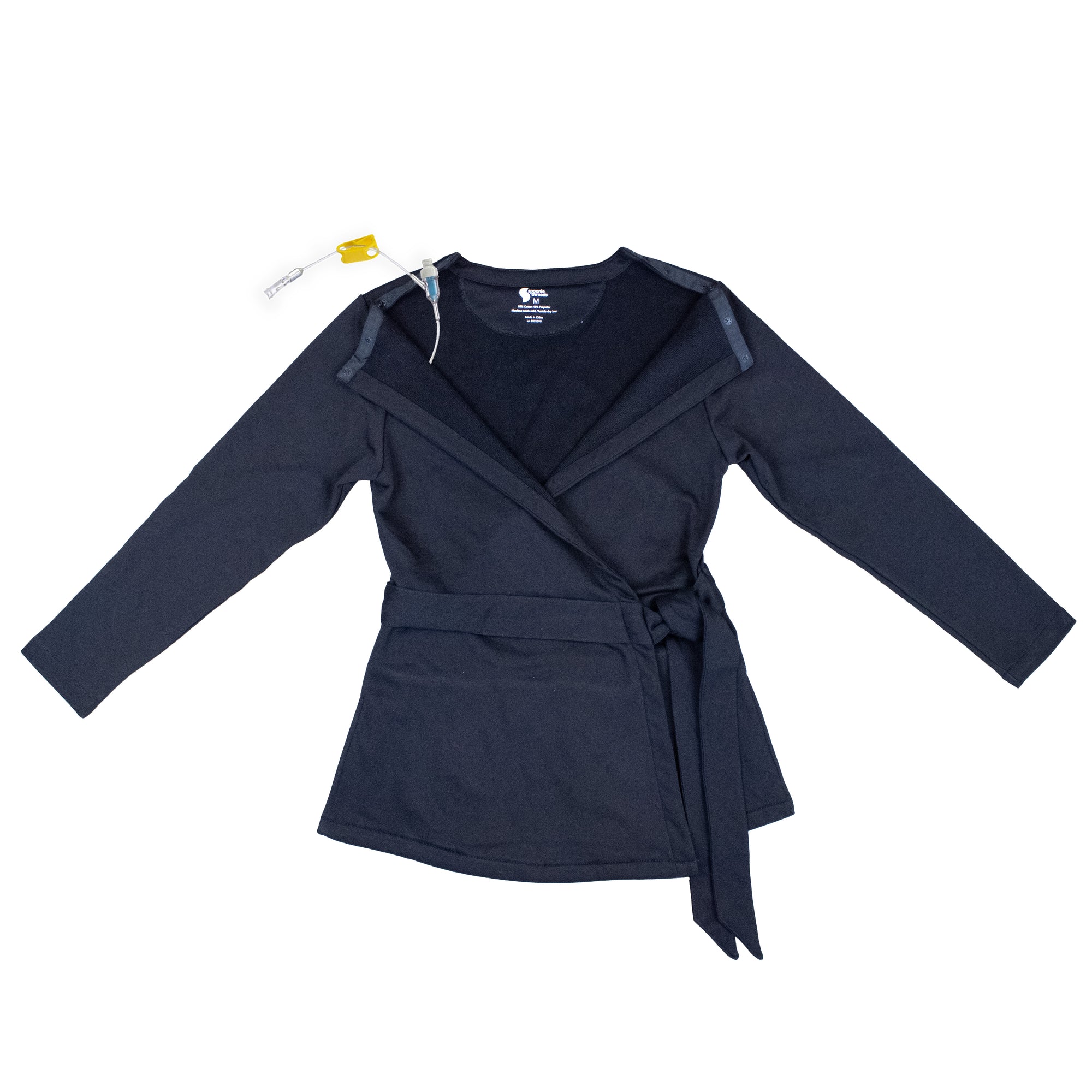 Black Adult Chest Access French Terry Wrap Top with medical device