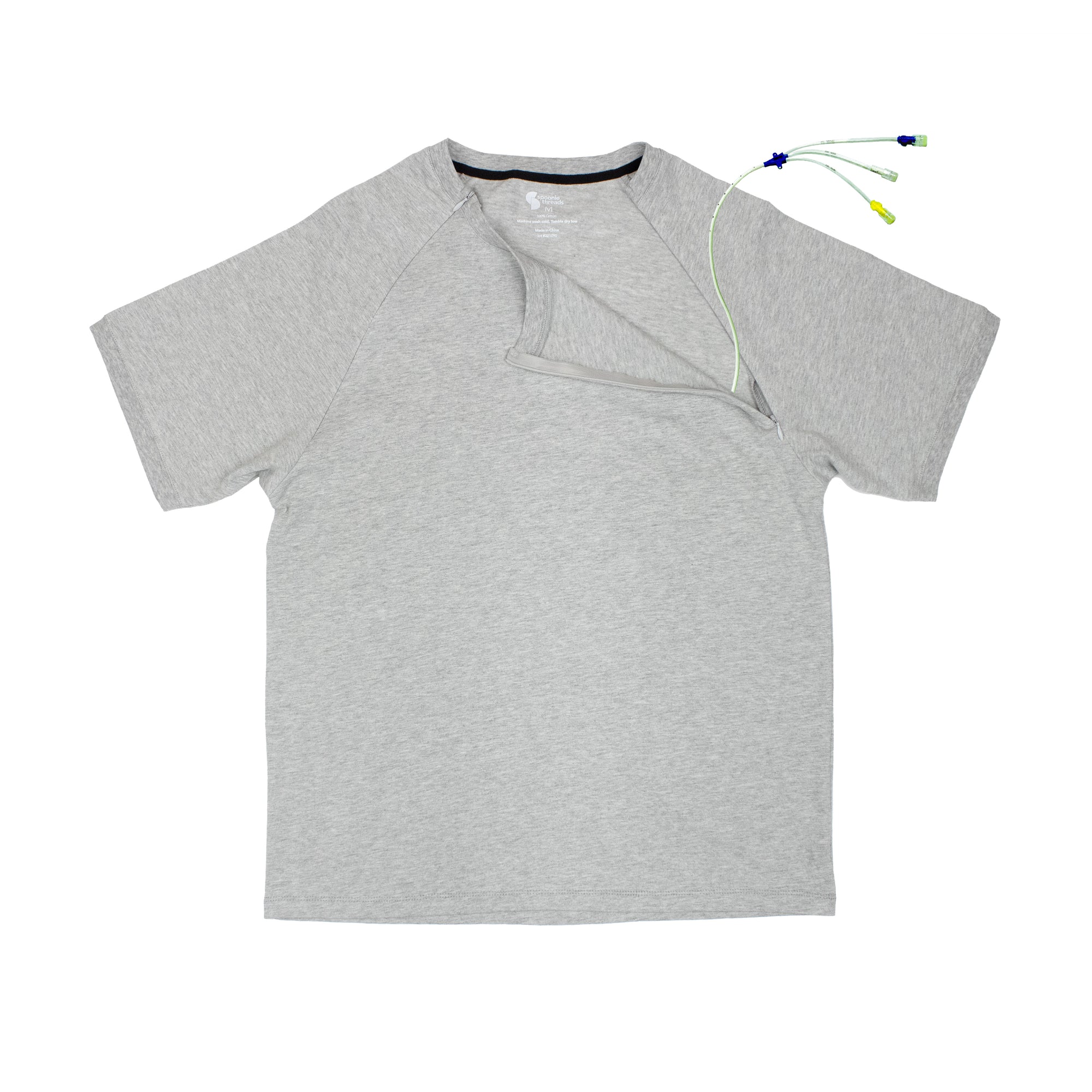 Adult Raglan Chemo Port Access Zip Tee Shirt with medical device