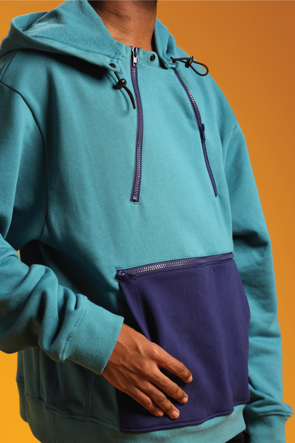 Man wearing Adult Chest & Abdomen Zipper Access Hoodie
