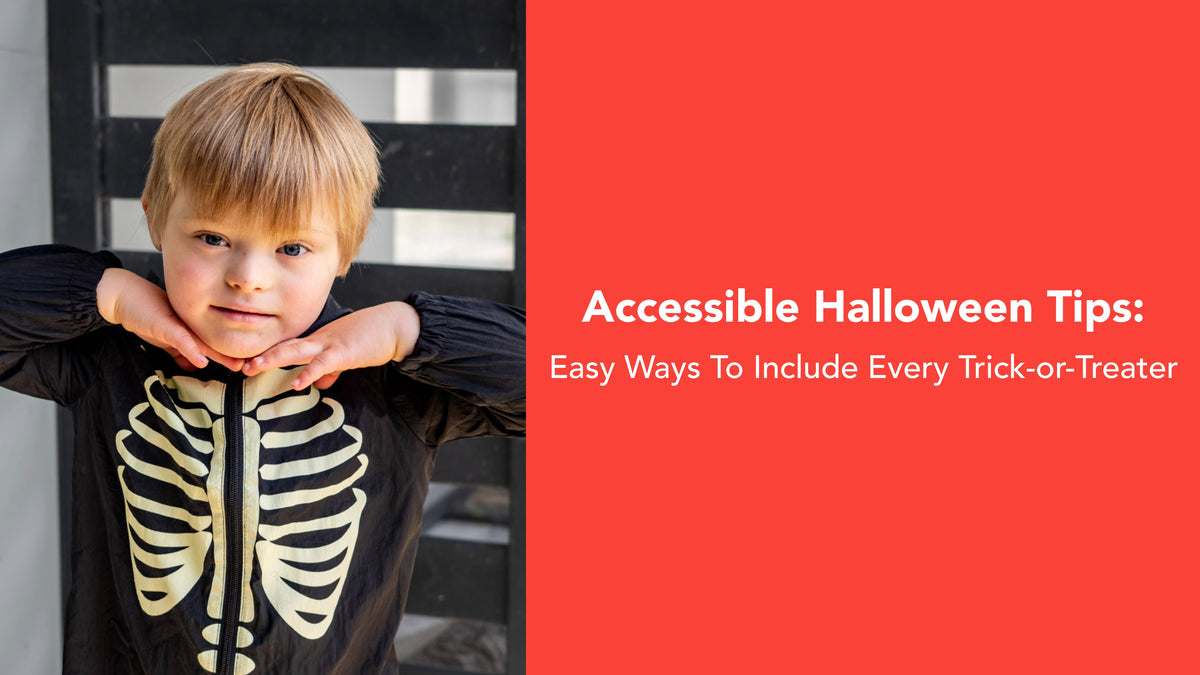 Accessible Halloween Tips. Image of a child with down syndrome smiling in a skeleton costume