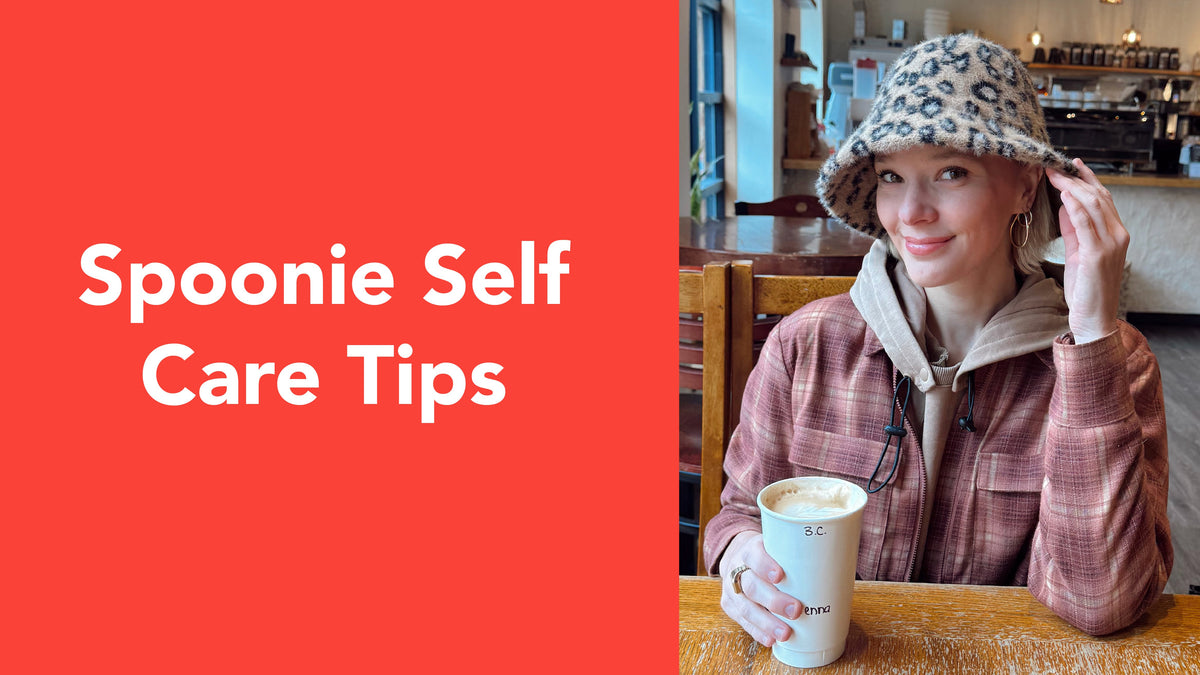 Spoonie Self Care Tips, image of a woman dressed comfortably in adpative clothing is enjoying a coffee