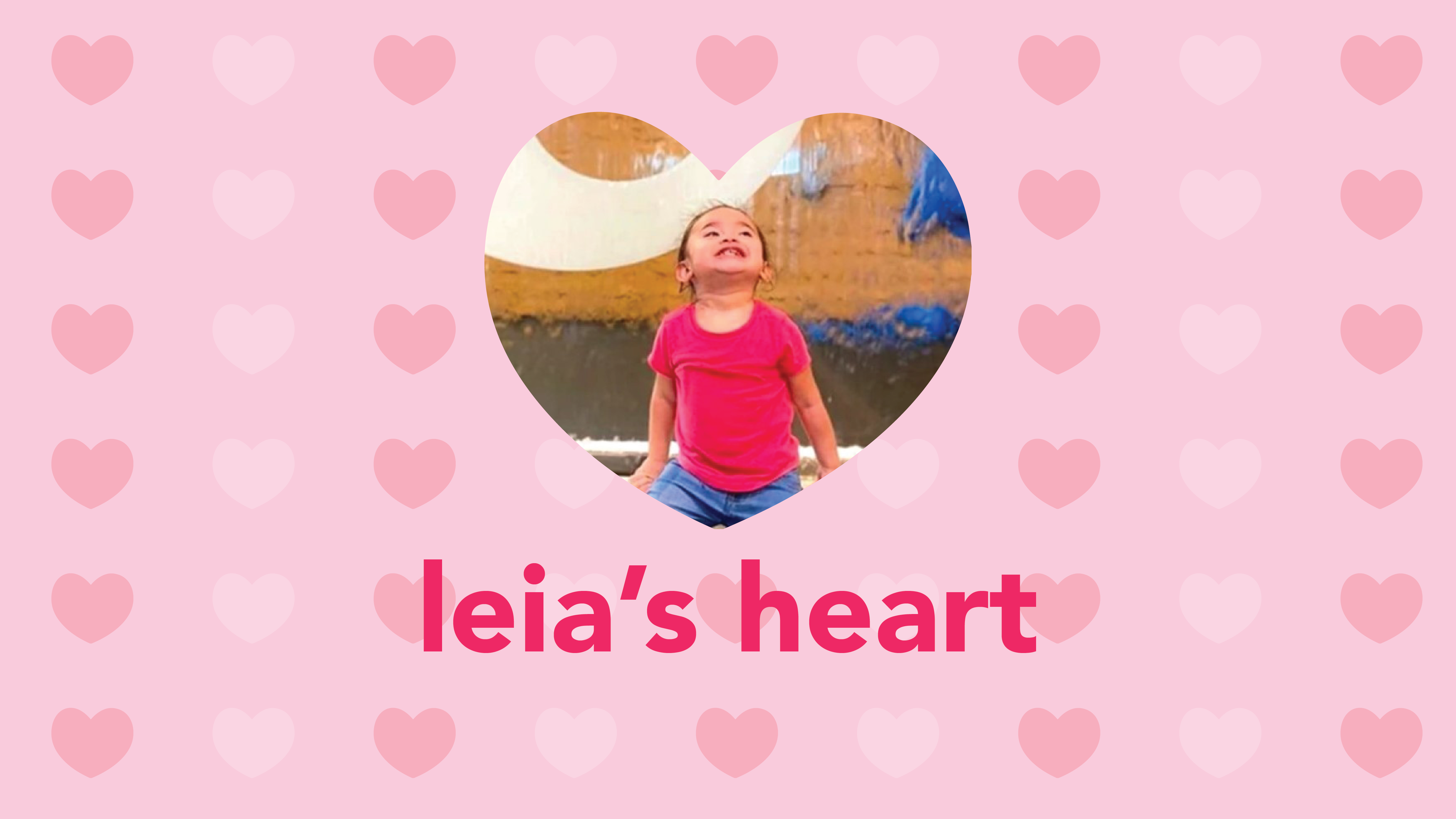 graphic with text "leia's heart" with image of girl looking up with pink heart drawing background