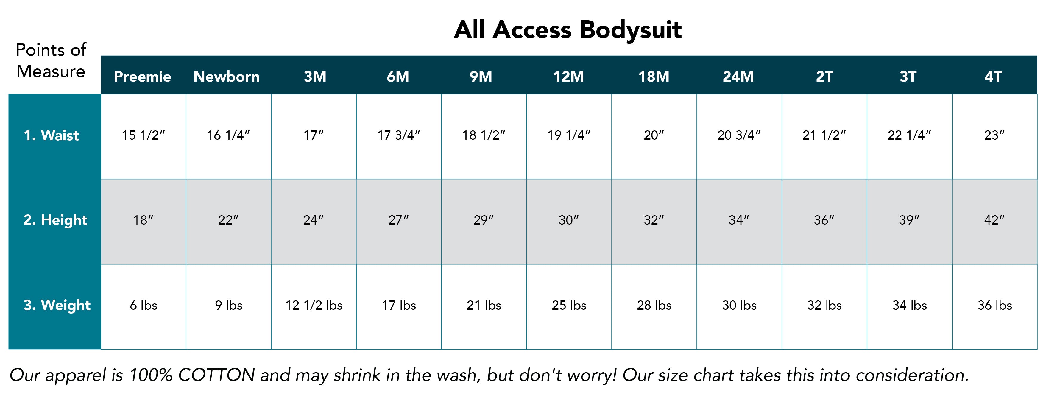 All Access Bodysuit Size Chart