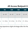 All Access Bodysuit 2.0 size chart with height and weight measurements.