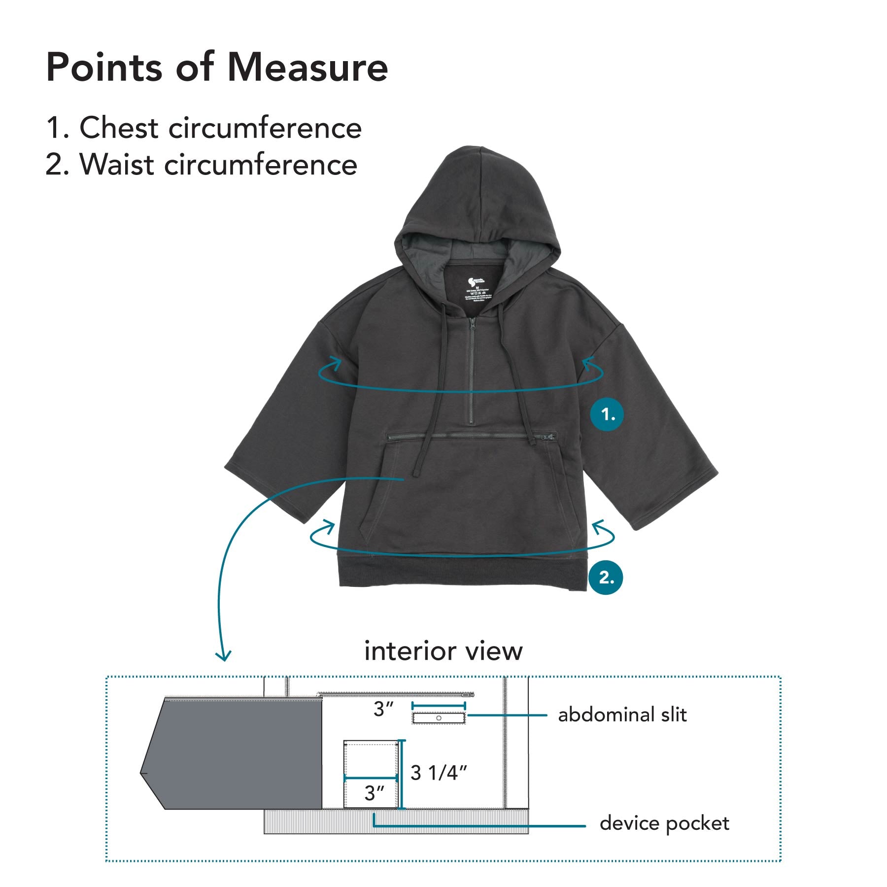 3/4 Sleeve Half-Zip Access Hoodie Points of Measure