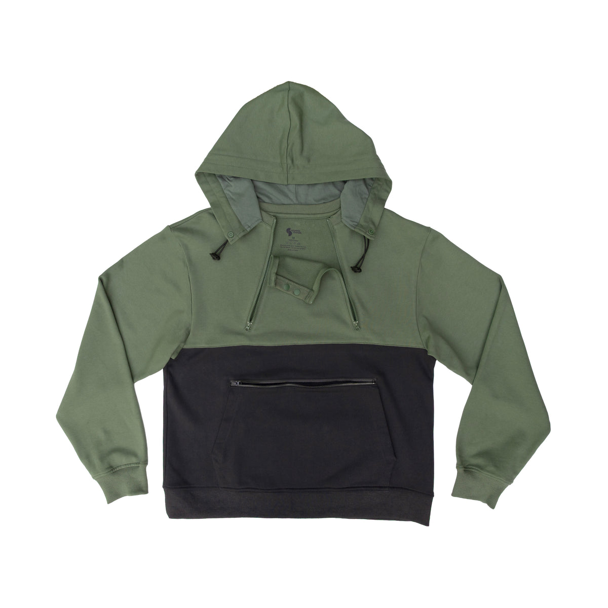 Sage colorblock hoodie with chest zippers and abdomen zipper open