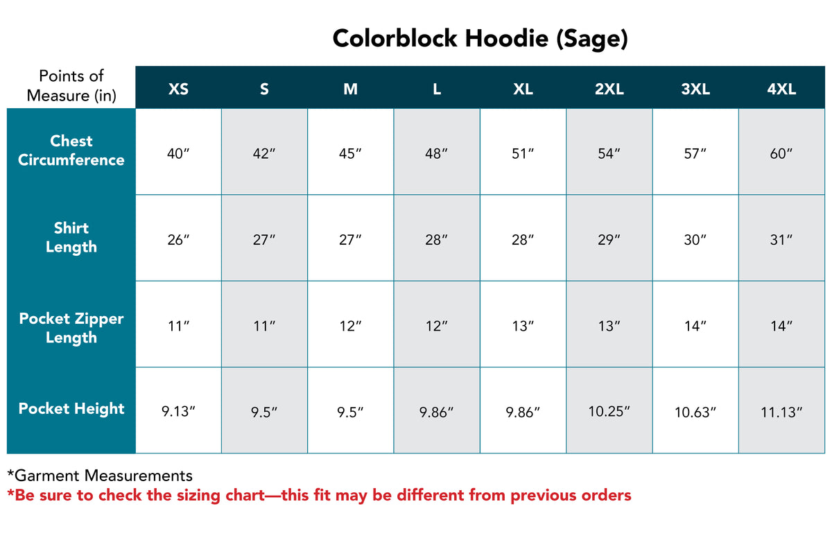 Measurements for Colorblock Hoodie in Sage