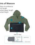 Points of Measure showing chest circumference, shirt length, pocket zipper length, and pocket height.