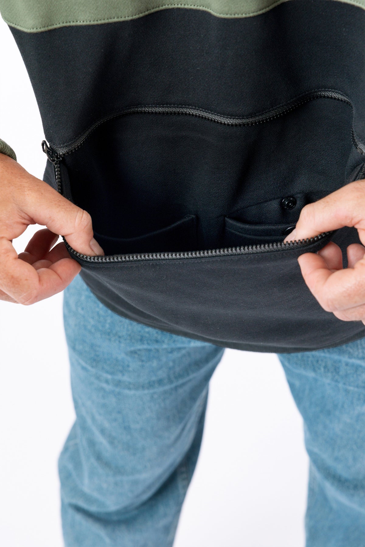 Closeup of Spoonie Signature Pocket, showing storage and abdomen access