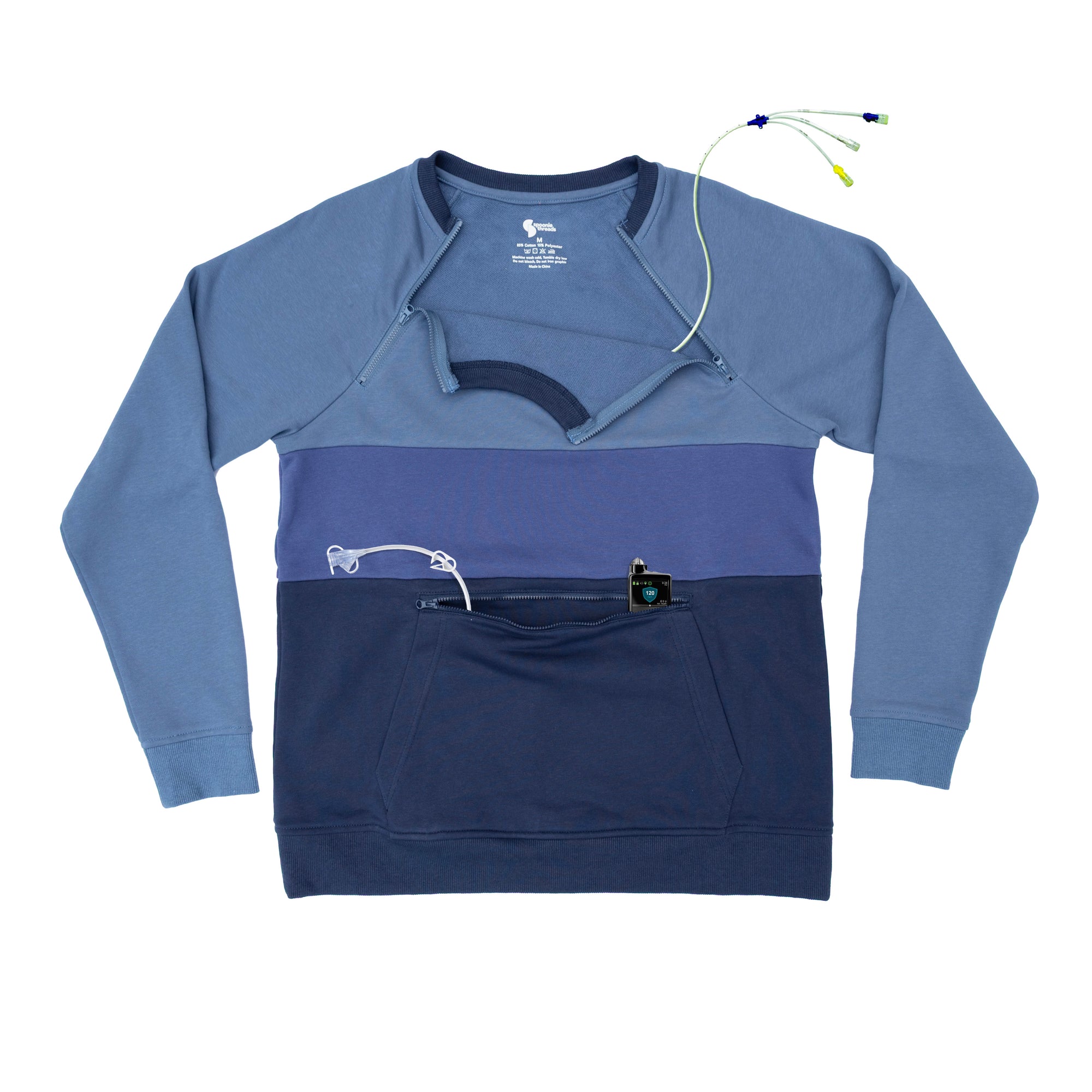 Denim C/B Triple Zip Crewneck Sweatshirt with medical devices