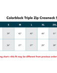 Sizing chart for colorblock triple zip crewneck sweatshirt with chest circumference and shirt length measurements.