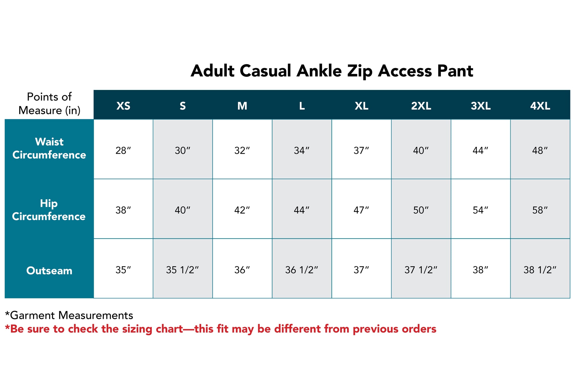 Sizing chart for Adult Casual Ankle Zip Access Pant with waist, hip, and outseam measurements.