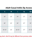 Sizing chart for Adult Casual Ankle Zip Access Pant with waist, hip, and outseam measurements.