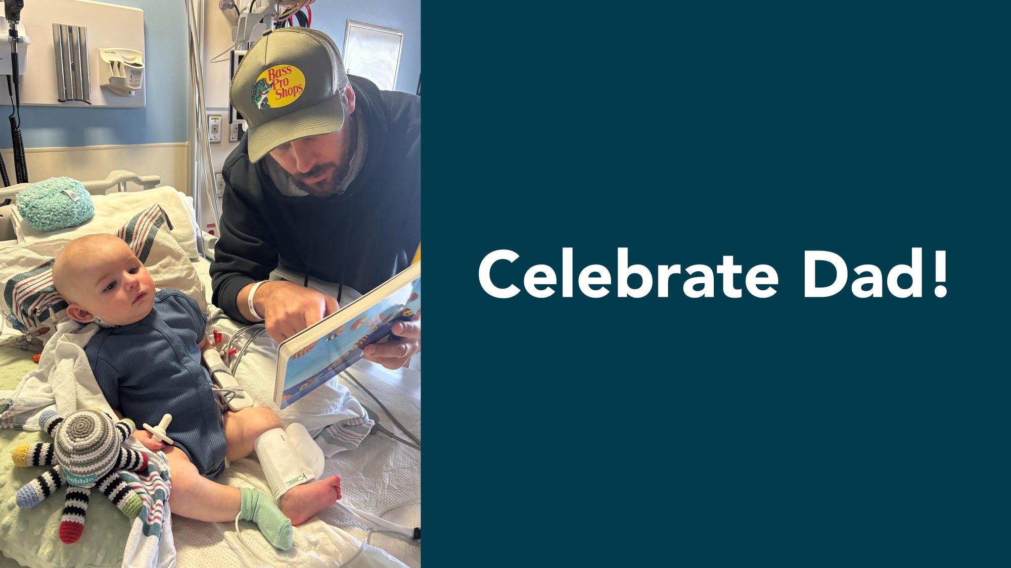 Celebrate Dad Graphic showing father reading children's book to baby in All Access bodysuit in hospital