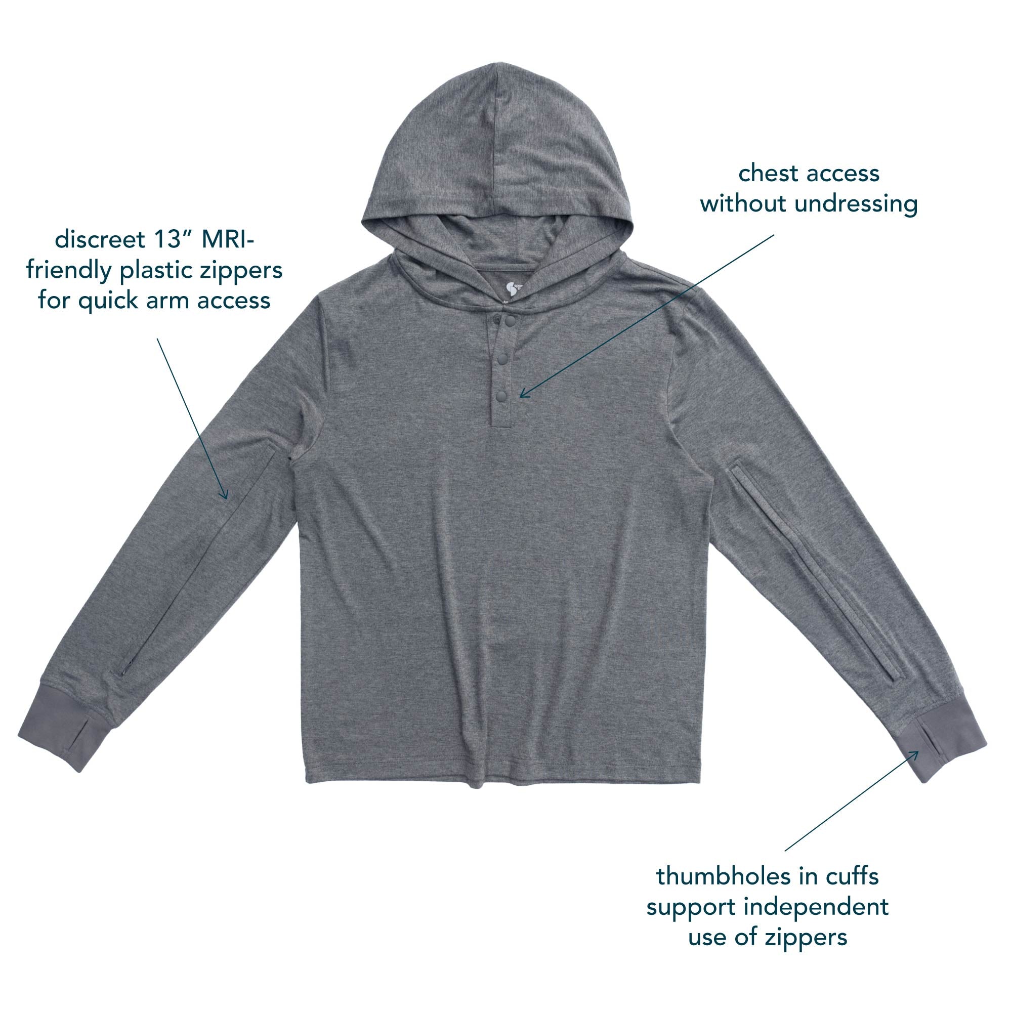 Sleeve and Chest Access Hooded Top Diagram showcasing functional features of garment