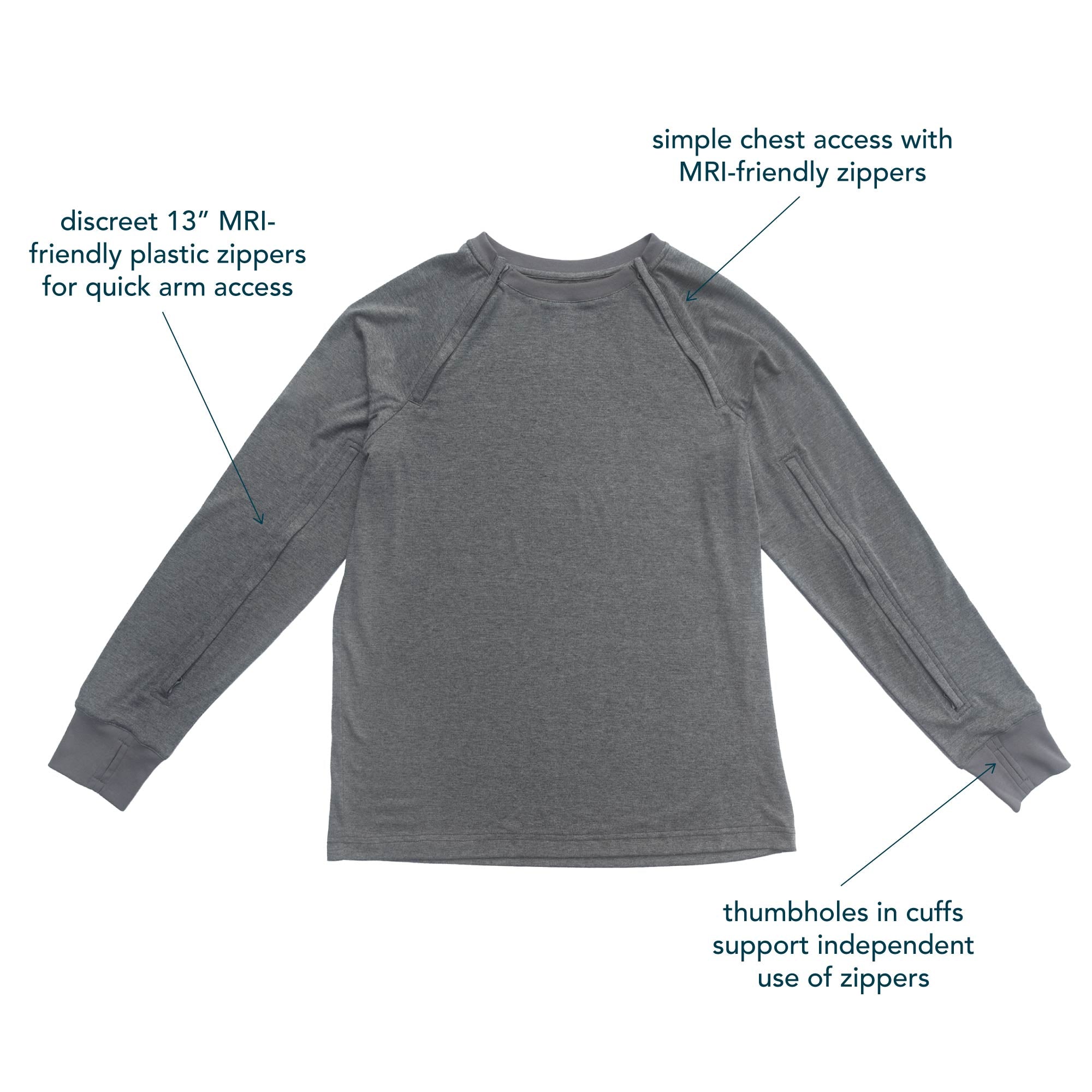 Raglan and Arm Zip Access Long Sleeve Tee Diagram showcasing functional features of garment