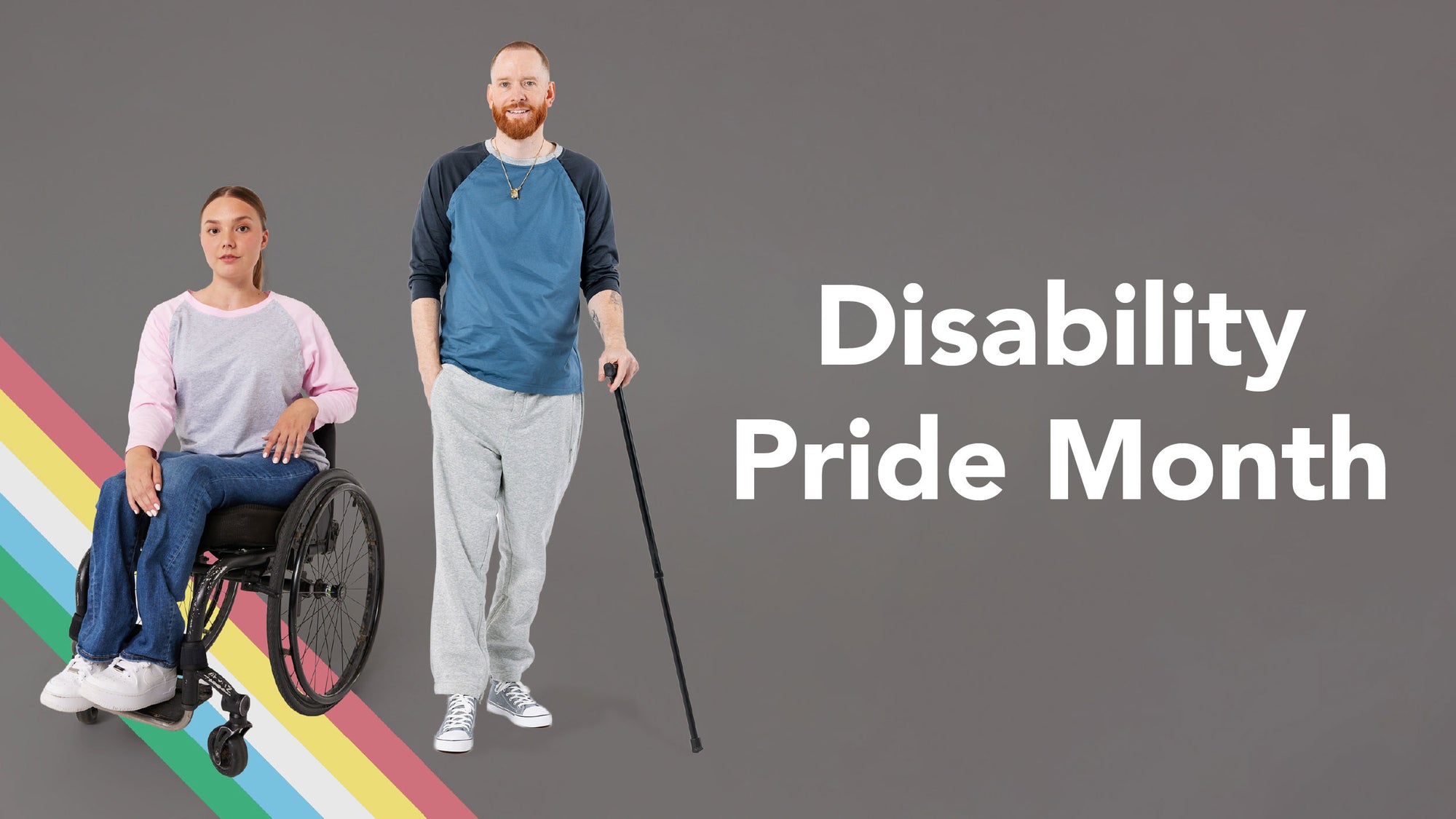 Disability Pride Month banner, showcasing woman in raglan access tee in wheelchair, and man in colorblock raglan access tee with cane