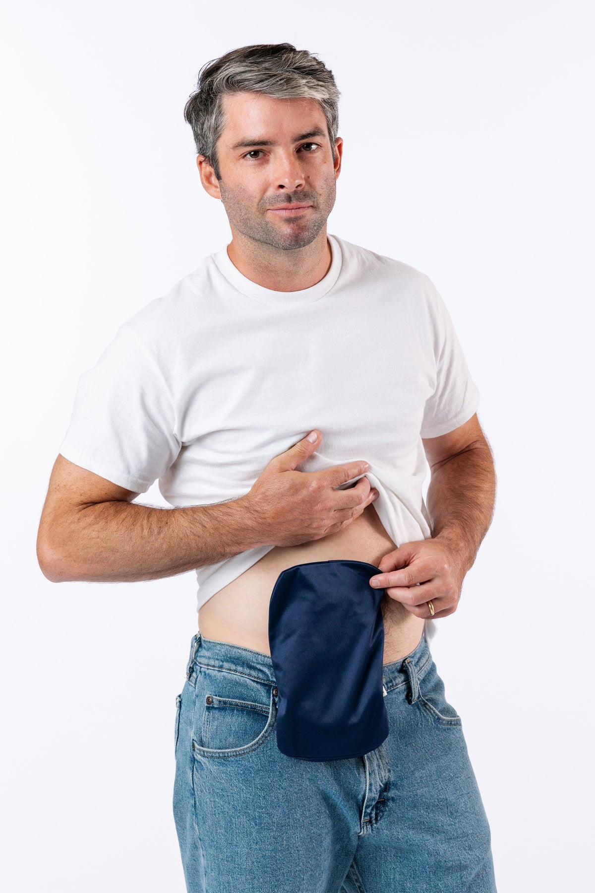 Reed wearing Navy Elastic Ostomy Bag Cover