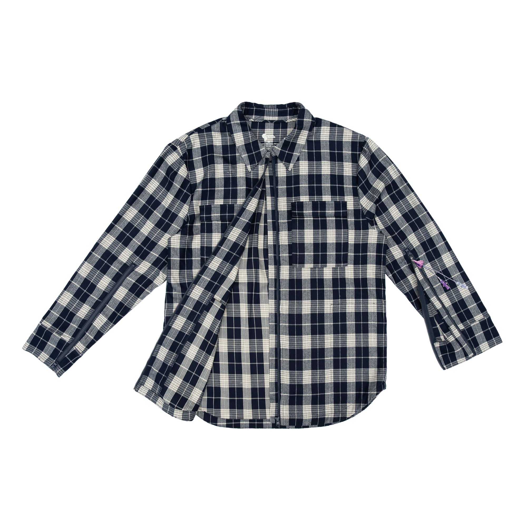 Denim Plaid Zip Front Shacket with open sleeve showing PICC LIne
