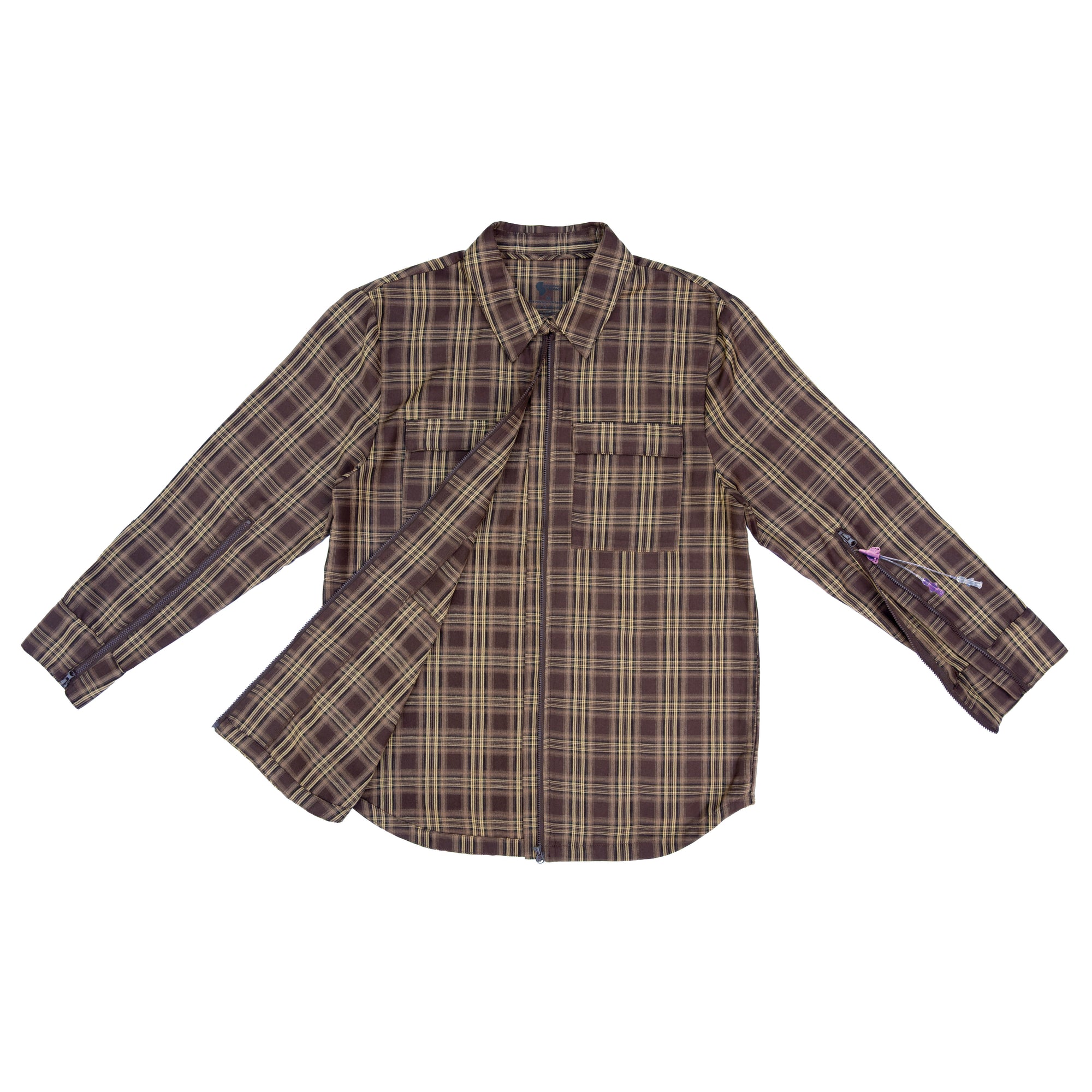 Khaki Plaid Zip Front Shacket with PICC line