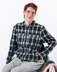 Woman wearing Denim Shacket. Text reads "Katelyn is 5'6" wearing a size XS".