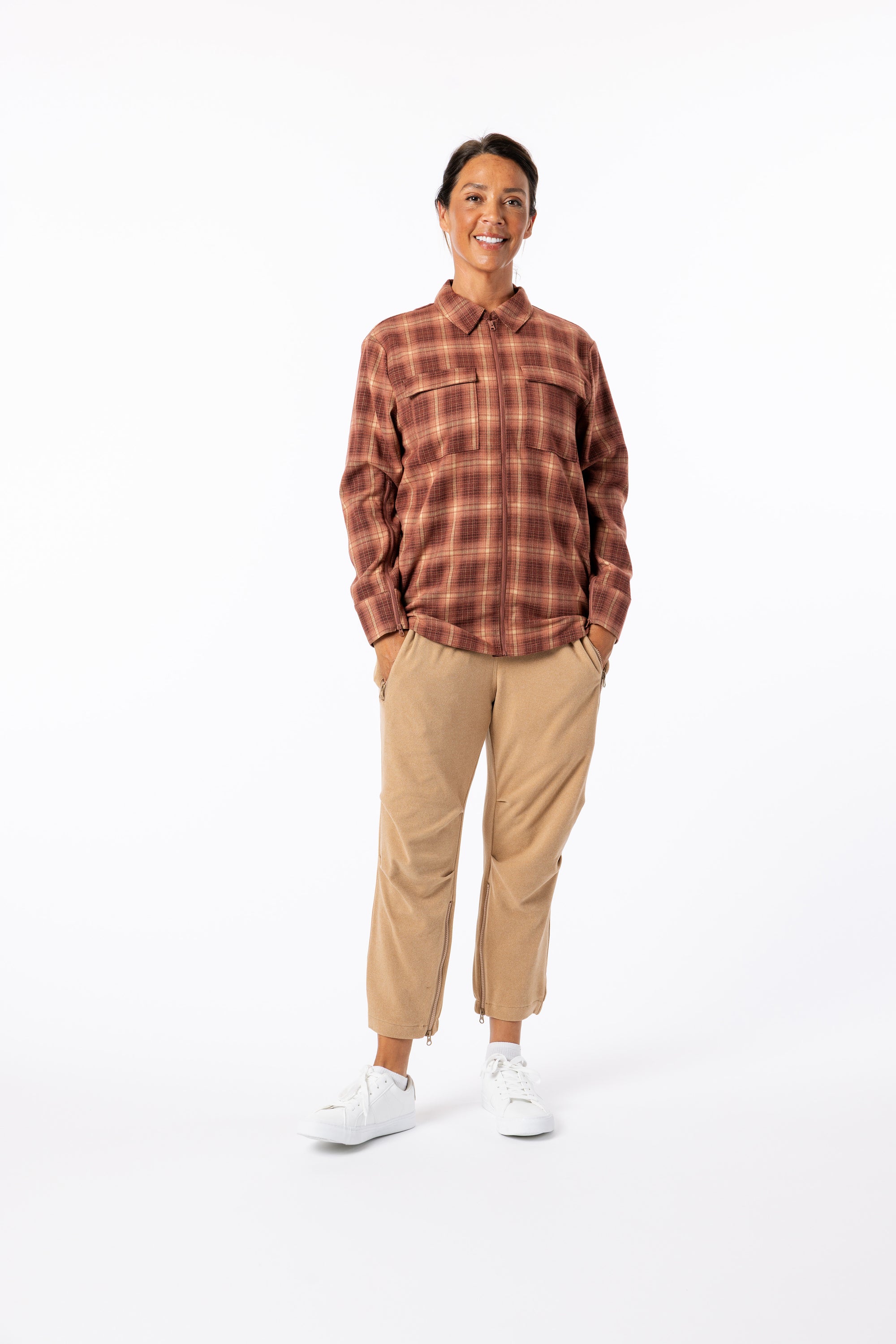 Michelle posing in Pink Plaid Zip Front Shacket