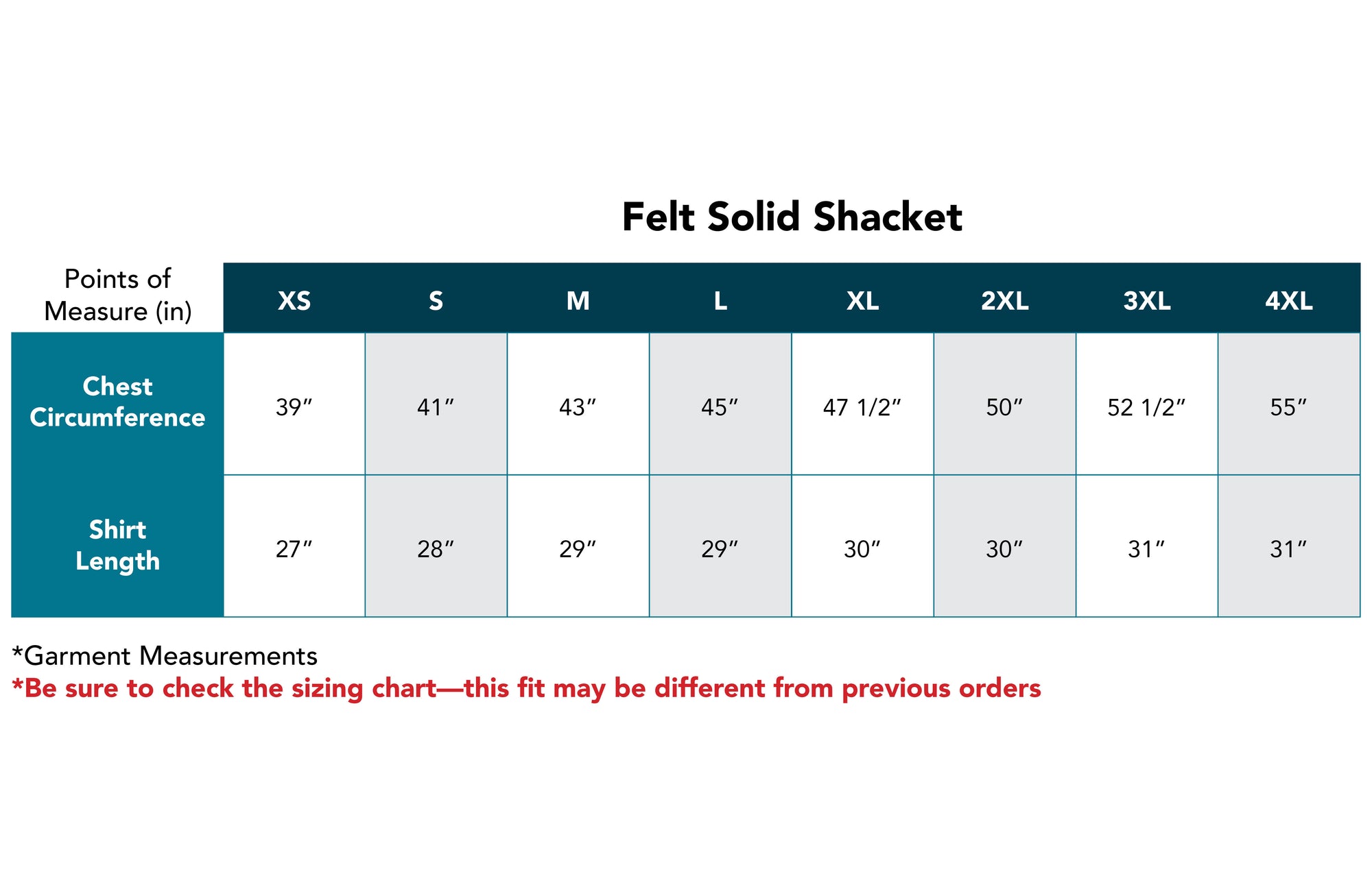 Felt Solid Shacket Size Chart