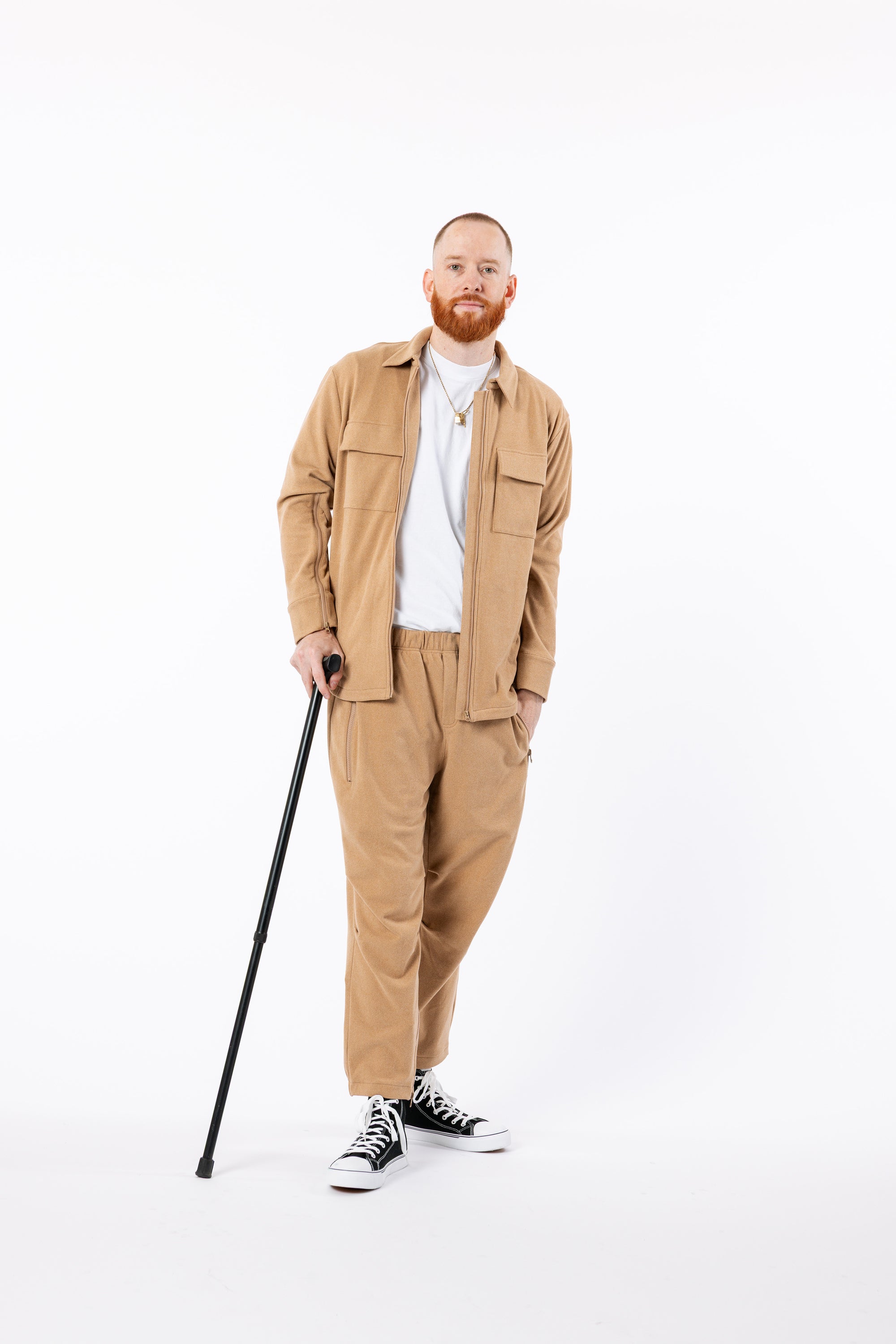 Mike posing in Khaki Felt shacket and pants