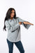 Celia wearing Stone Felt Shacket, showing arm zippers