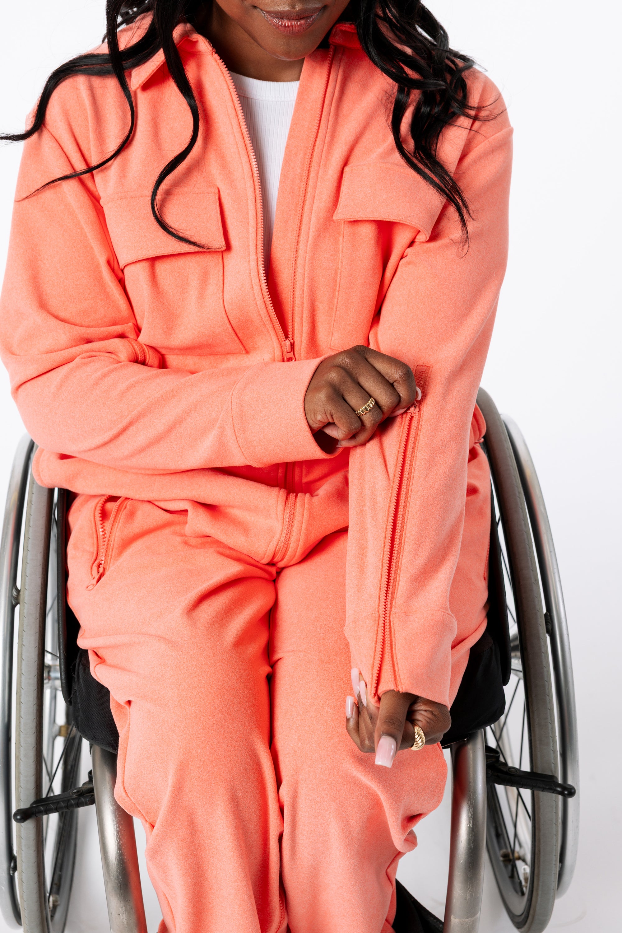 Denisha demonstrating sleeve zipper