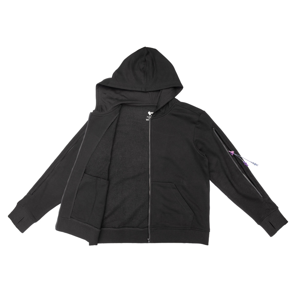 Flat of black Full Zip Hoodie with zippers open and PICC line showing
