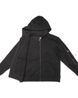 Flat of black Full Zip Hoodie with zippers open and PICC line showing