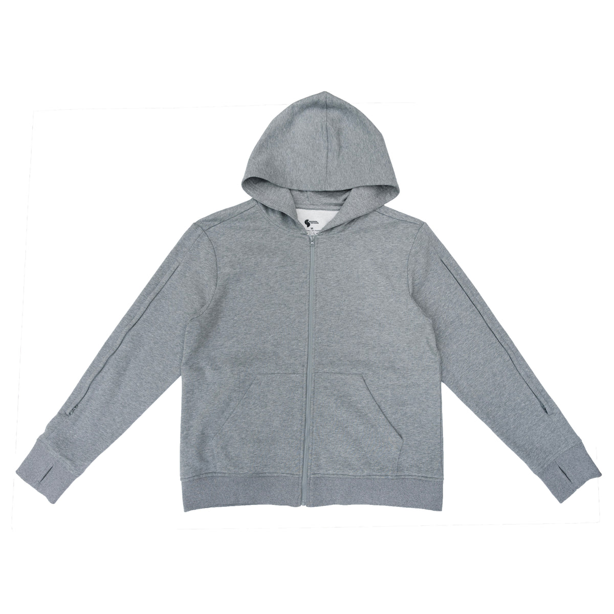 Flat of gray full zip hoodie with zippers closed
