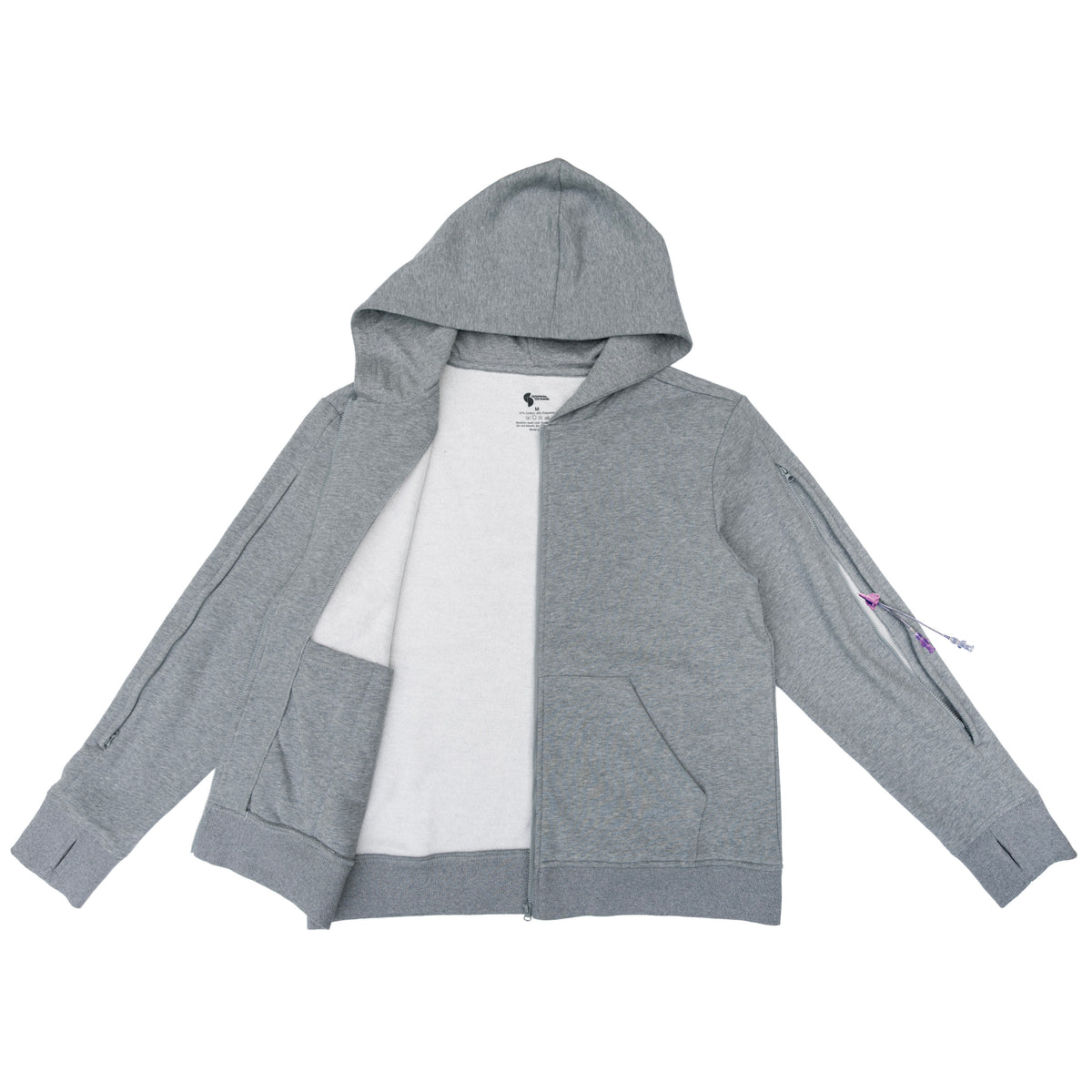 Flat of gray full zip hoodie with arm zippers open