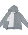 Flat of gray full zip hoodie with arm zippers open