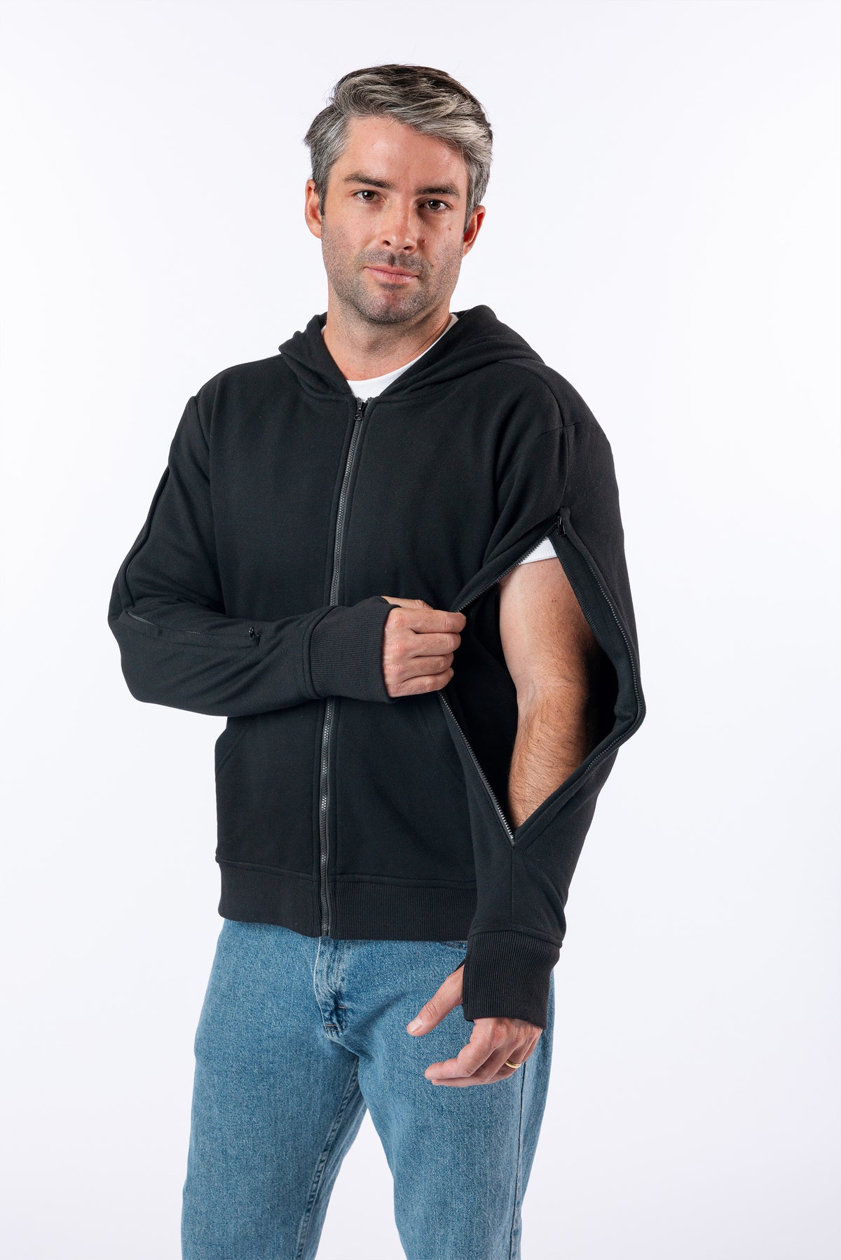 Model showing arm access of Black Full Zip Hoodie